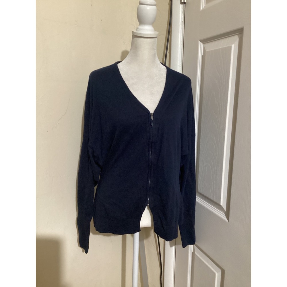 Field Flower Navy Blue Zip Front Cardigan Sweater Women's Sz S Cotton Wool Blend
